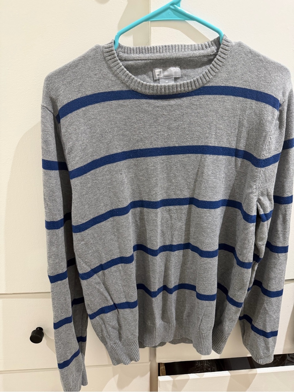 jcpenney Gray Crewneck Sweater with Blue Horizontal Stripes